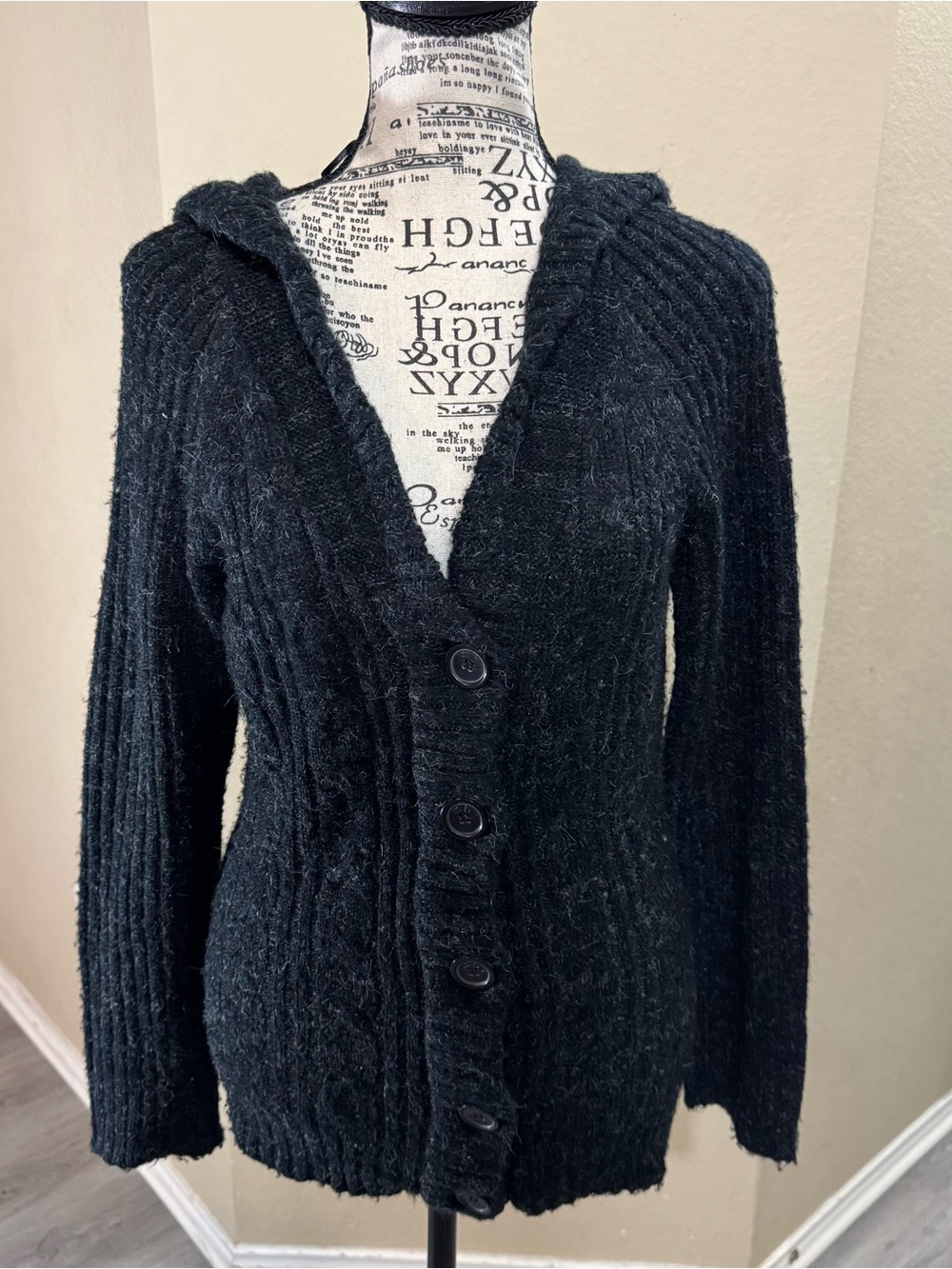 ISH Black Hooded Cable-Knit Button Cardigan